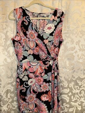 Emma & Michele Black Floral Wrap Dress with Pink & Teal Accents